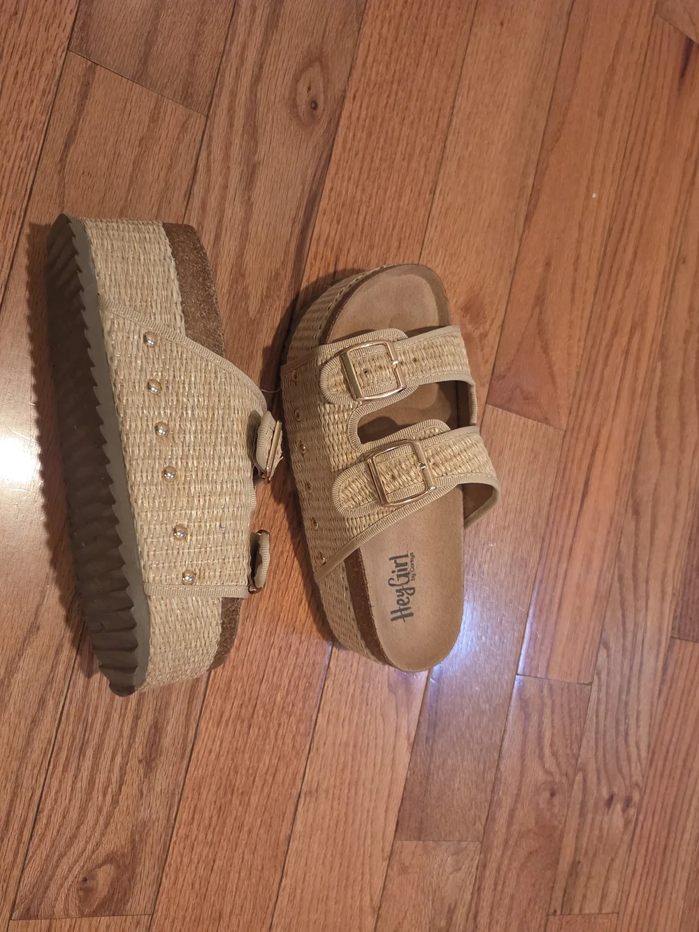 Hey Girl Beige Woven Double-Buckle Slide Sandals - Picture 2 of 4